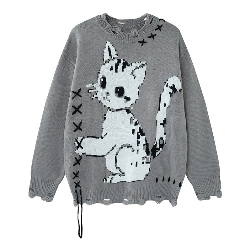 Pull en maille effet usé motif chat – Col rond oversize avec point de croix