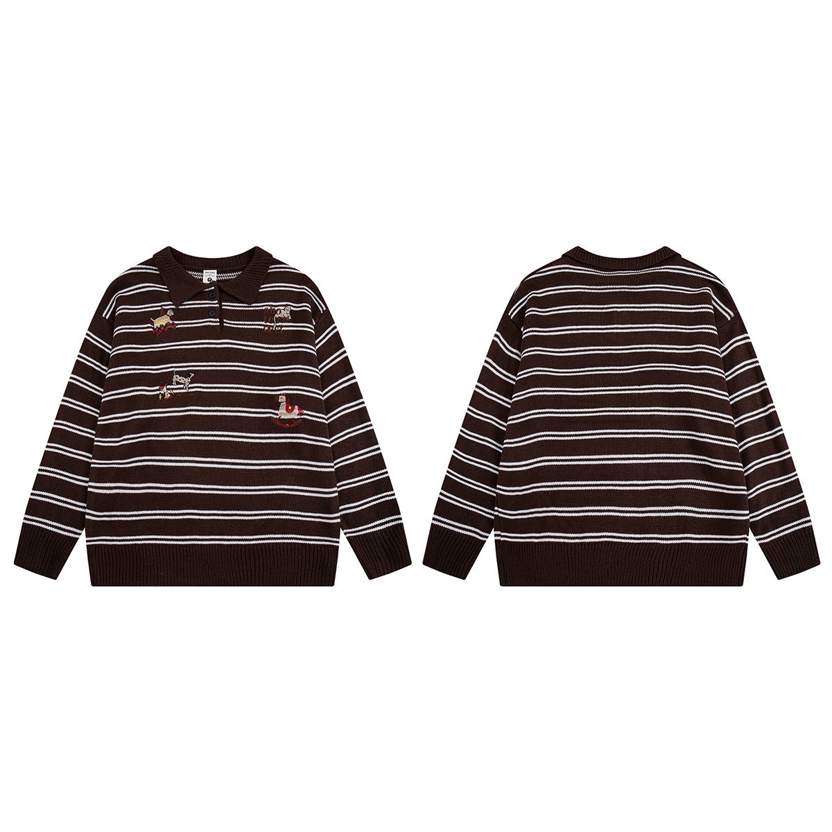 Striped Polo Knit Sweater with Cartoon Embroidery – Relaxed Unisex Pullover
