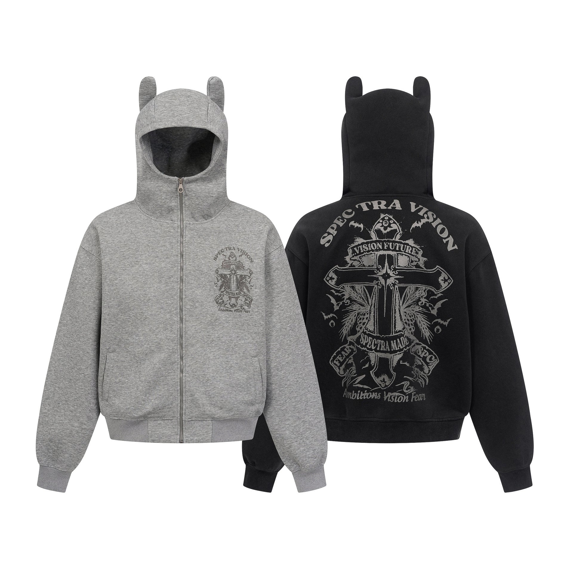 Spectra Vision Devil-Ear-Zip-Hoodie mit Gothic-Kreuzwappenprint am Rücken, in Schwarz und meliertem Grau