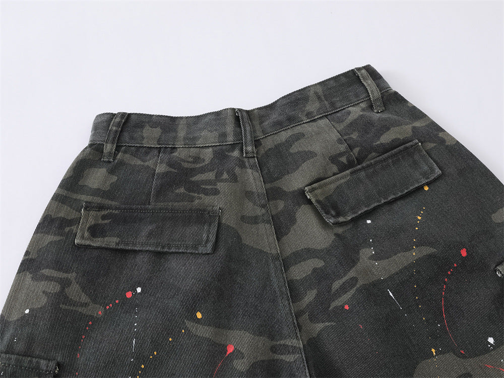 Camo Cargo Shorts – Paint Splatter Multi-Pocket Wide-Leg