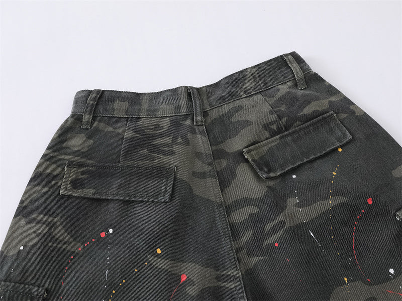 Camo Cargo Shorts – Paint Splatter Multi-Pocket Wide-Leg
