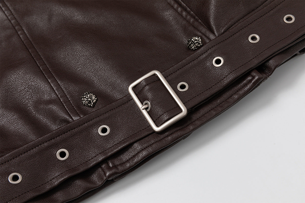 Vintage Double-Breasted Moto Leather Padded Jacket with Belt