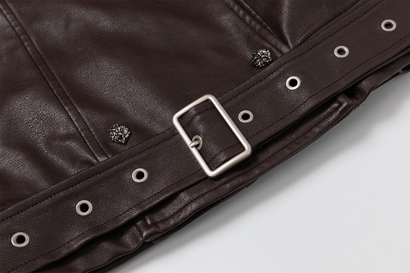 Vintage Double-Breasted Moto Leather Padded Jacket with Belt