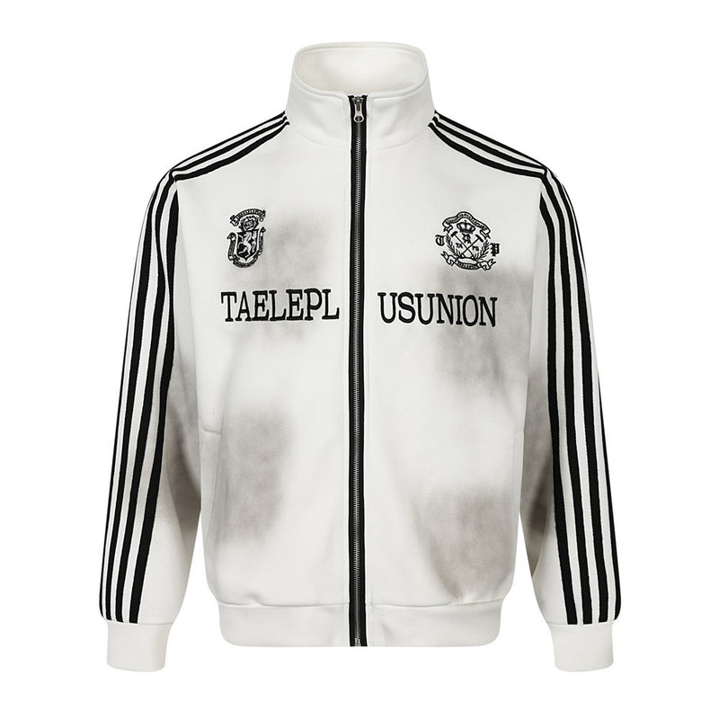 Zip-Up Track Jacket with Stripe Sleeves & Distressed Wash