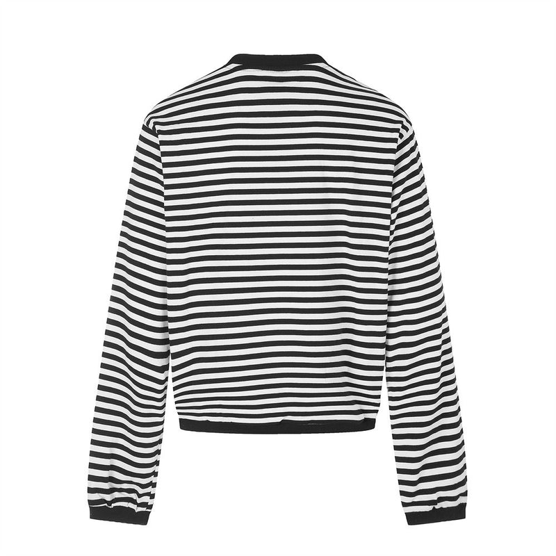 Back view of black and white striped long sleeve shirt with contrast trim