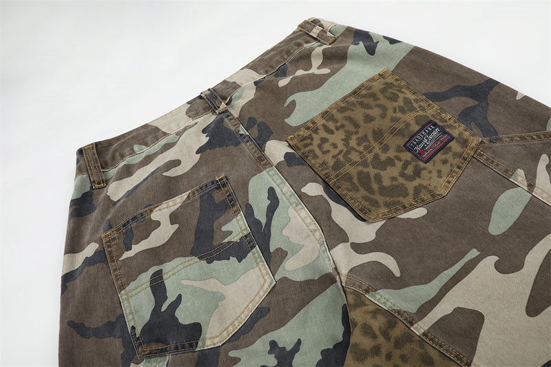 Camo & Leopard Patchwork Wide-Leg Cargo Pants