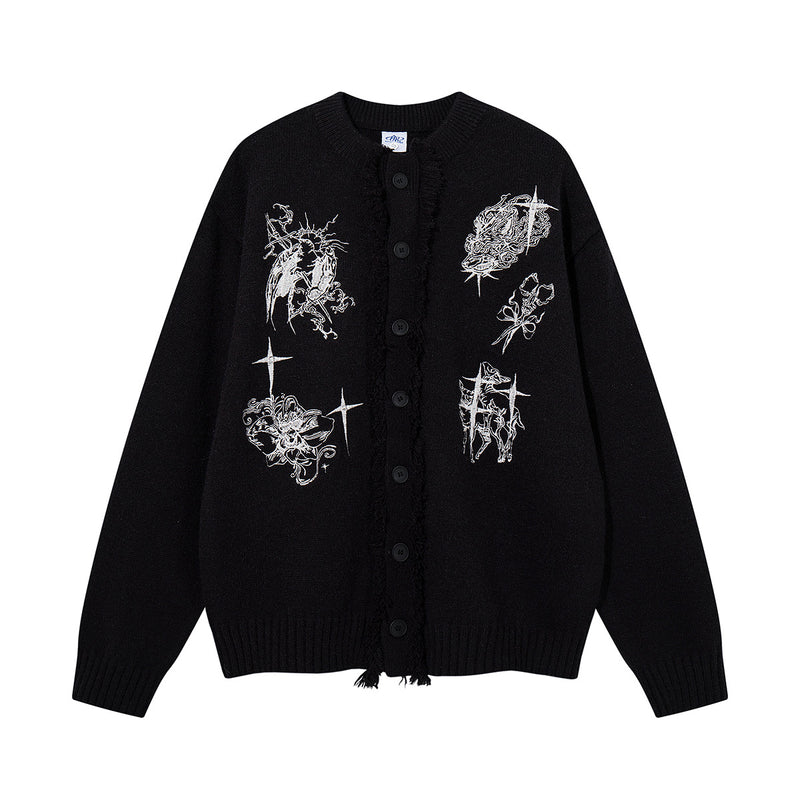 Gothic Embroidered Fringe Knit Cardigan Sweater – Oversized Button-Up