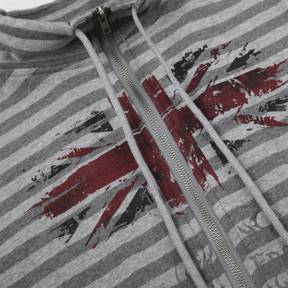 Gray Zip Up Jacket Striped Union Jack Stand Collar Unisex Sweatshirt Coat