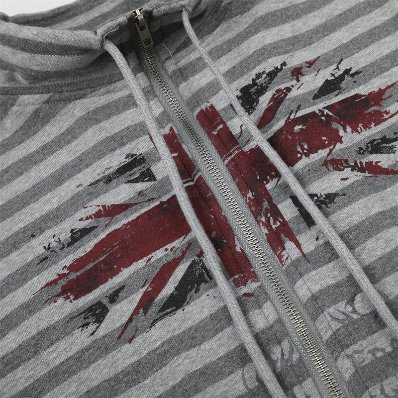 Gray Zip Up Jacket Striped Union Jack Stand Collar Unisex Sweatshirt Coat
