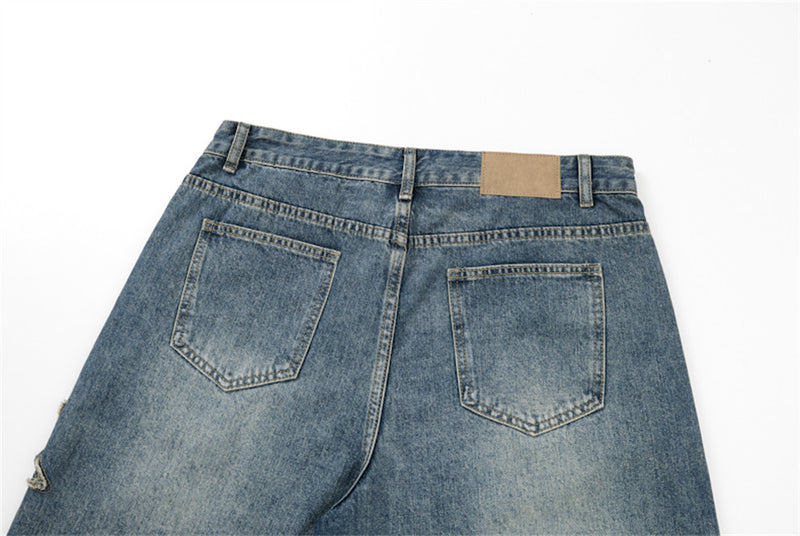 Men's Baggy Denim Shorts with Star Patch Detail, Washed Wide-Leg Five-Point Cut