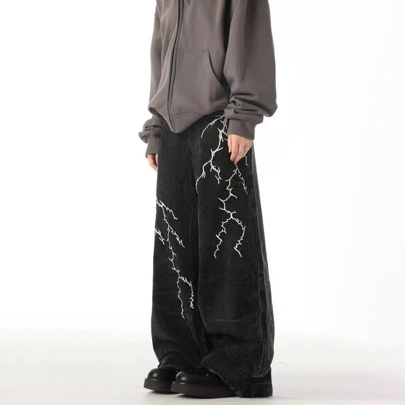 Jean baggy noir homme – Denim large brodé d'éclairs
