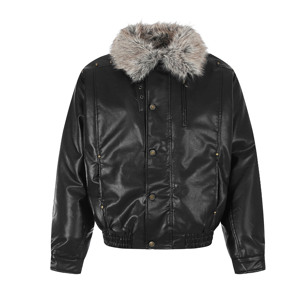 Black faux leather bomber jacket with gray fur collar, front product view