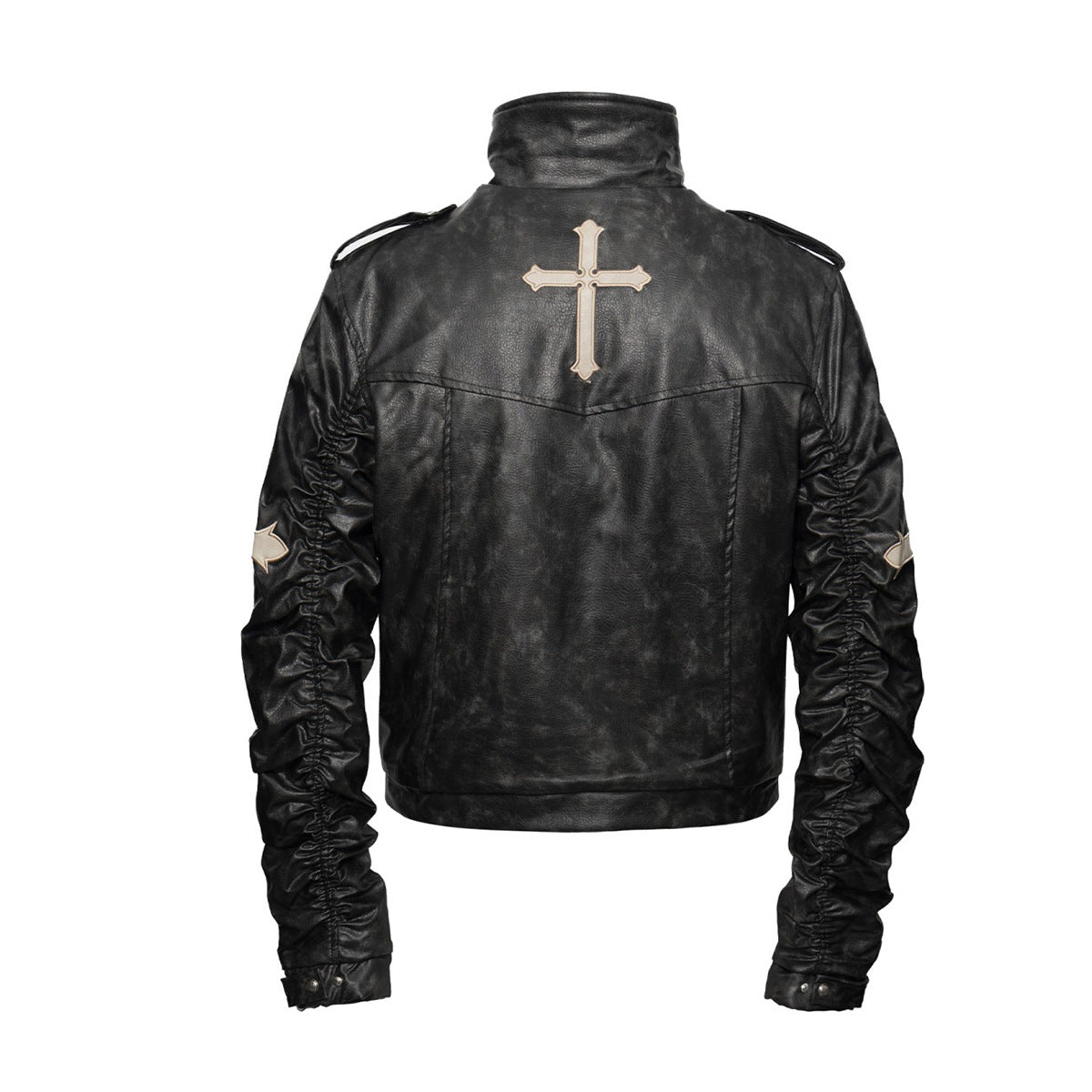 Gothic Cross Moto Jacket – Padded Faux Leather with Military Buttons & Cross