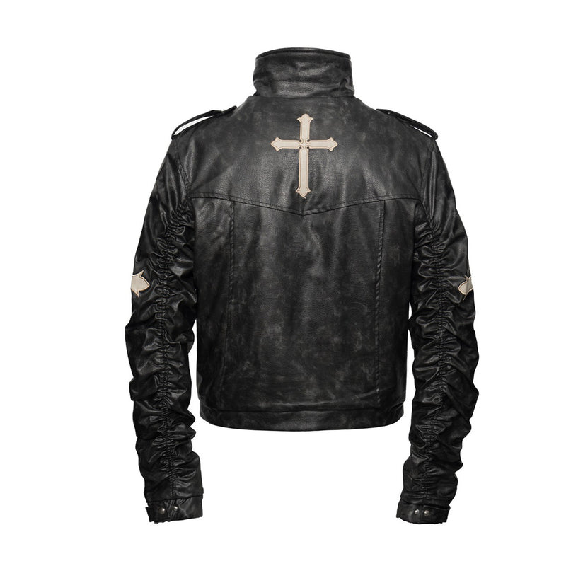 Gothic Cross Moto Jacket – Padded Faux Leather with Military Buttons & Cross