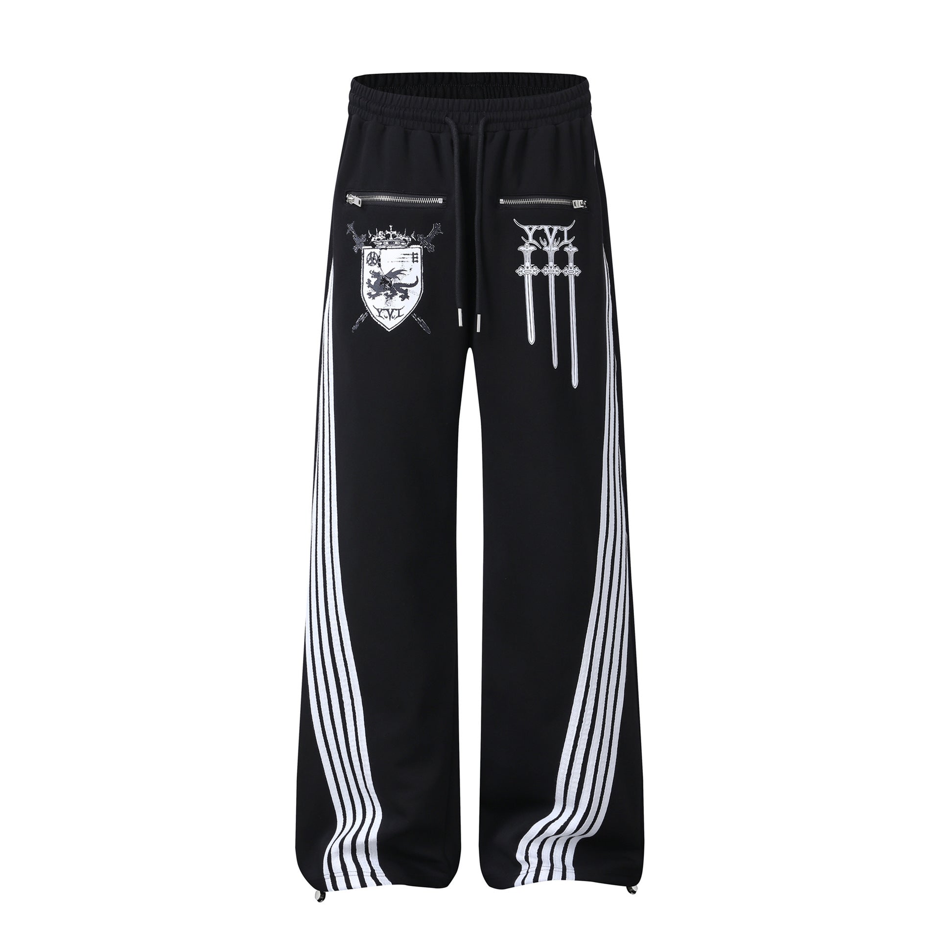 Pantalon de survêtement noir à jambes larges avec imprimé bouclier héraldique et empiècement latéral diagonal à rayures blanches multiples