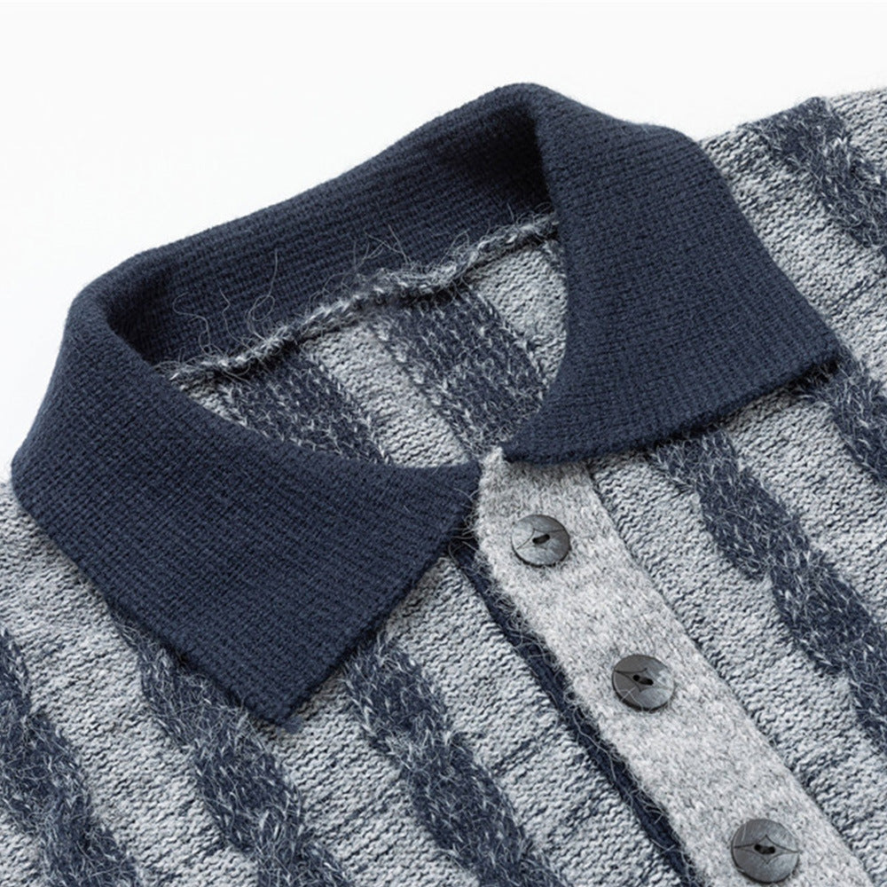 Men's Long Sleeve Sweater Polo – Vertical Stripe Half-Button Knit