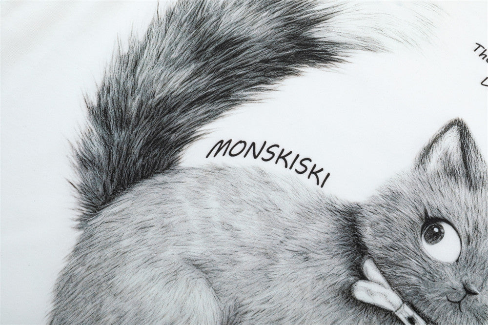 Monskiski Cat Graphic Crew Neck T-Shirt – 3D Sketch Print Short Sleeve Tee