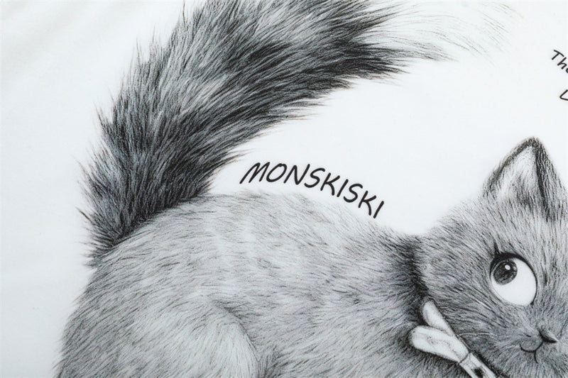 Monskiski Cat Graphic Crew Neck T-Shirt – 3D Sketch Print Short Sleeve Tee