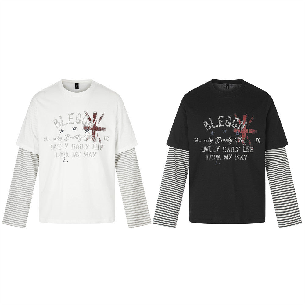 Faux-Layered Graphic Long Sleeve Tee with Black & White Striped Sleeves