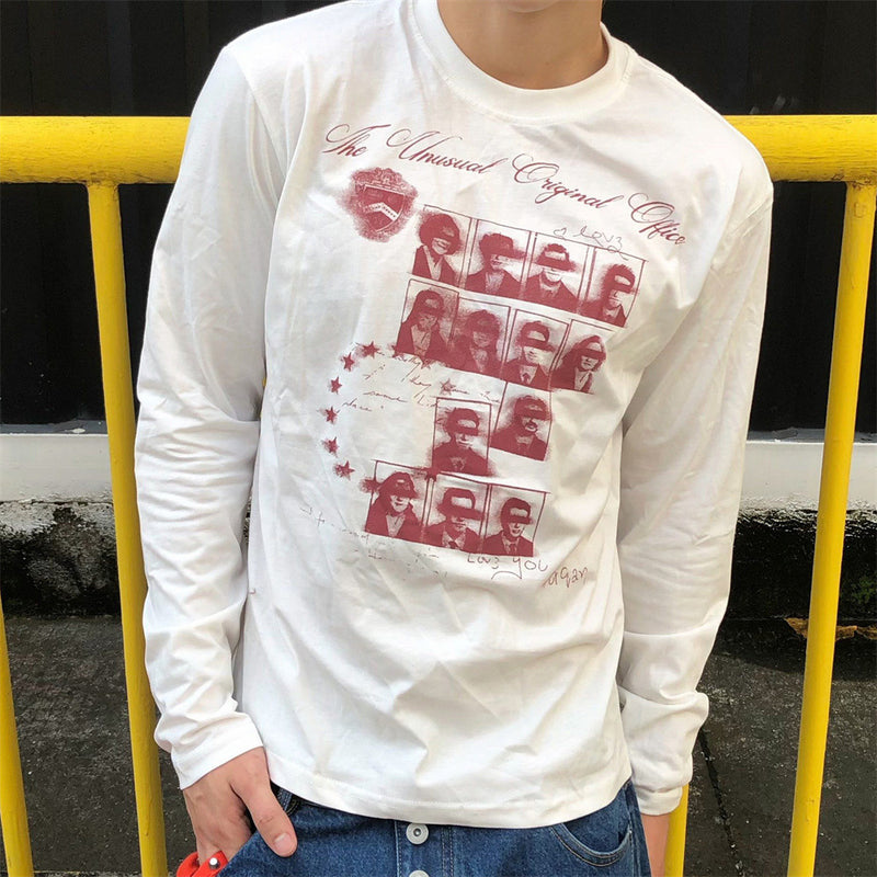 T-shirt graphique décontracté à la coupe boxy et manches longues, collage de portraits vintage bordeaux sur fond blanc, col rond, style streetwear
