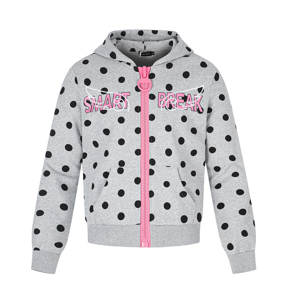 Polka Dot Zip-Up Hoodie with Embroidered Graphic – Cropped Streetwear Sweatshirt