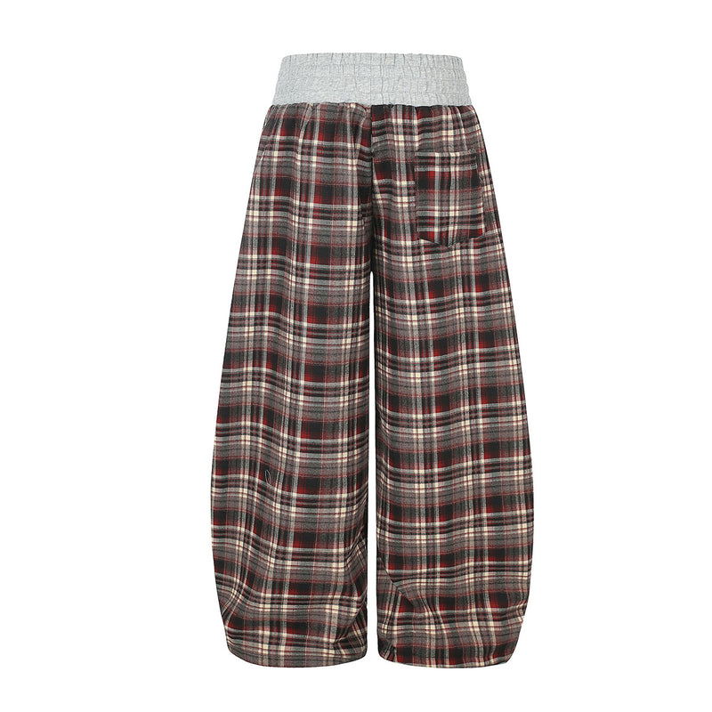 Plaid Wide-Leg Sweatpants with Drawstring Waist & Script Graphic