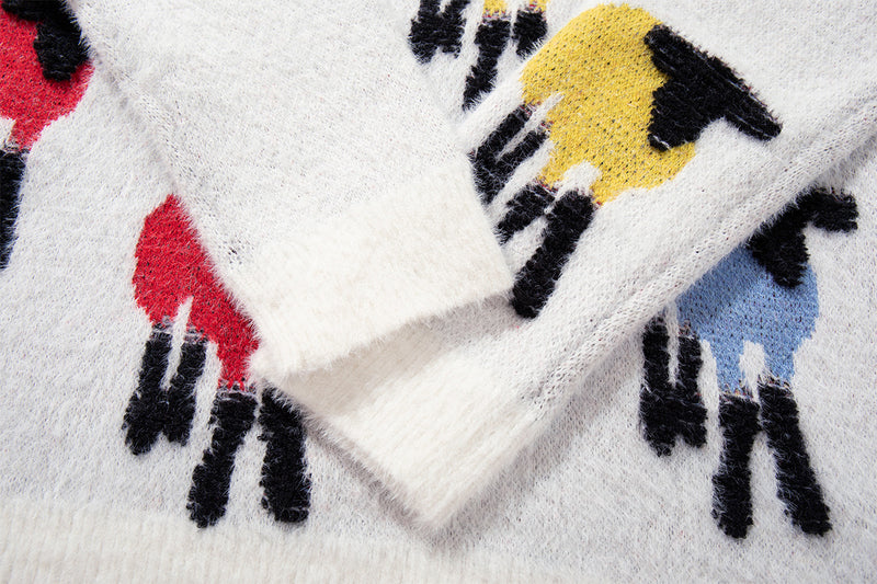 Colorful Sheep Jacquard Crew Neck Sweater – Relaxed Fit Knit