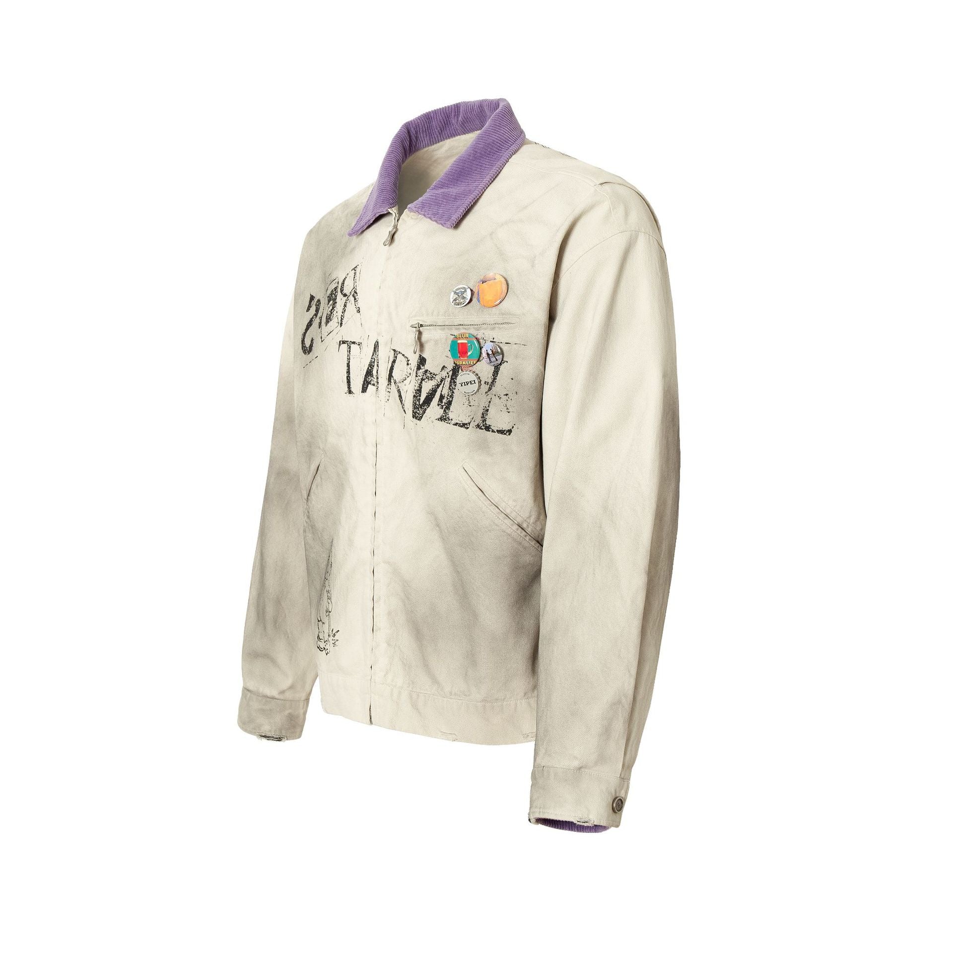 Veste zippée à imprimé graphique – Coton délavé effet usé, col violet et badge