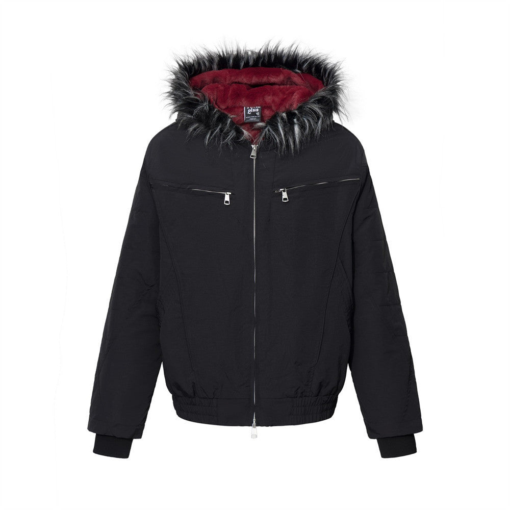 Fur-Trim Hooded Bomber Jacket – Men's Winter Padded Coat with Dual Zip Pockets