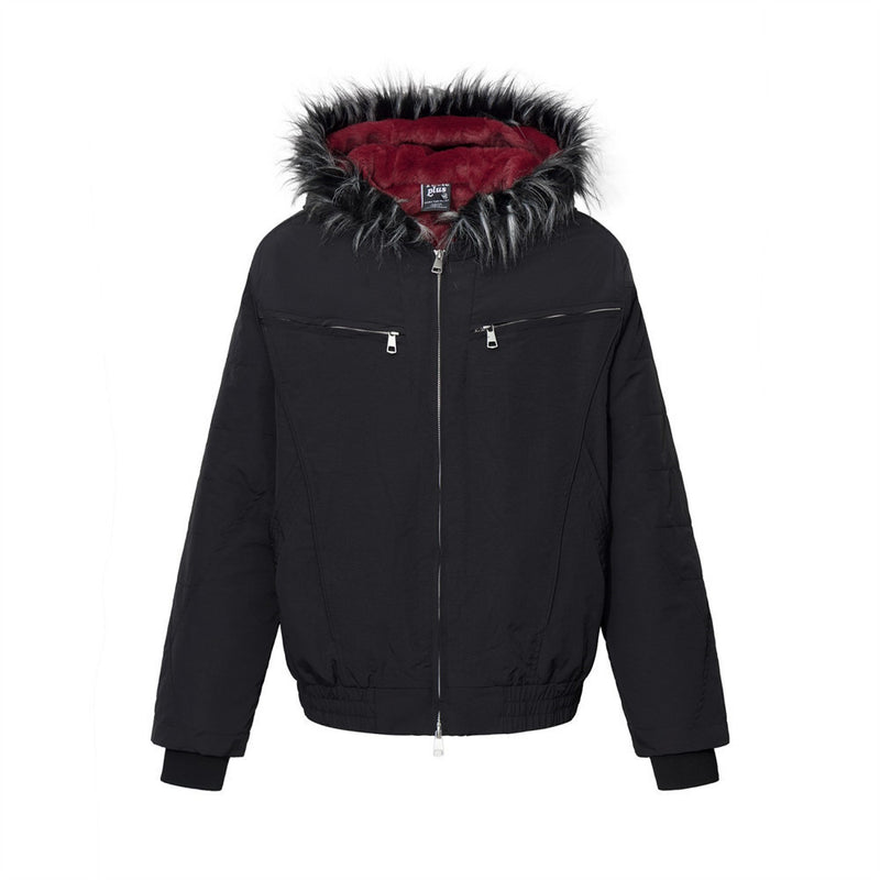 Fur-Trim Hooded Bomber Jacket – Men's Winter Padded Coat with Dual Zip Pockets