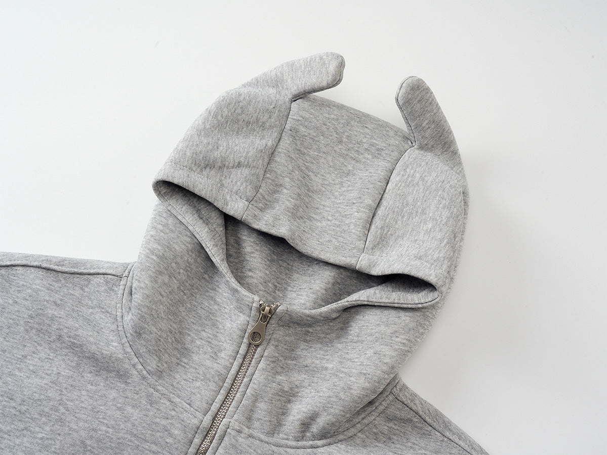 Zip-Hoodie mit Kapuze mit Teufelsohren – Gothic-Kreuz-Graphic-Sweatshirt im Streetwear-Stil