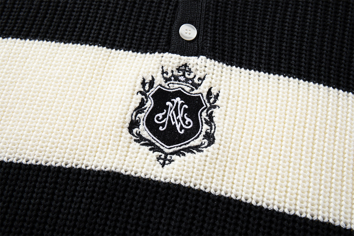 Black and White Striped Sweater – Polo Collar Knit Rugby Pullover
