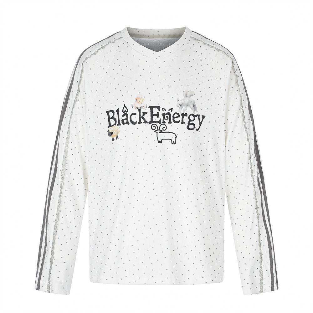 V-Neck Long Sleeve Shirt Men – Polka Dot Print with Side Stripe Detail