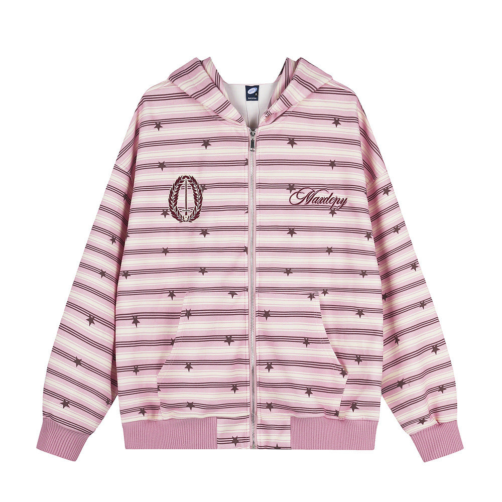 Hoodie zippé rayé imprimé étoiles – Sweat veste streetwear oversize
