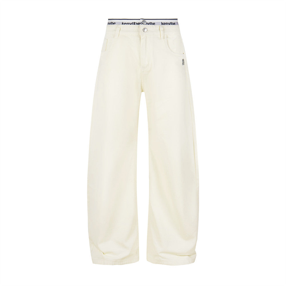 Wide-Leg Jeans with Letter Embroidery & Logo Waistband — Off White