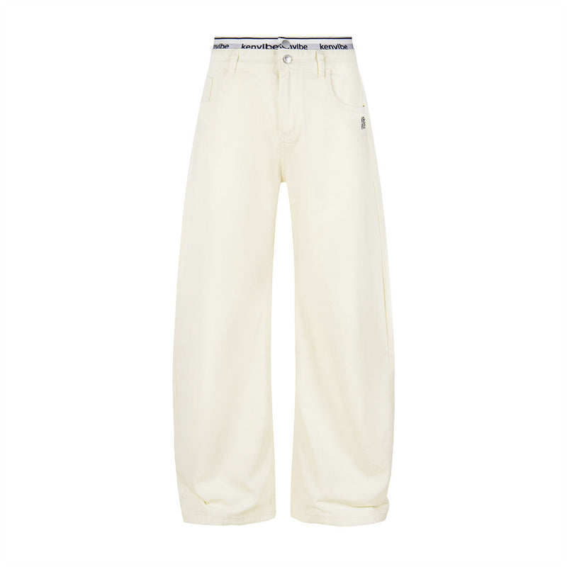 Wide-Leg Jeans with Letter Embroidery & Logo Waistband — Off White