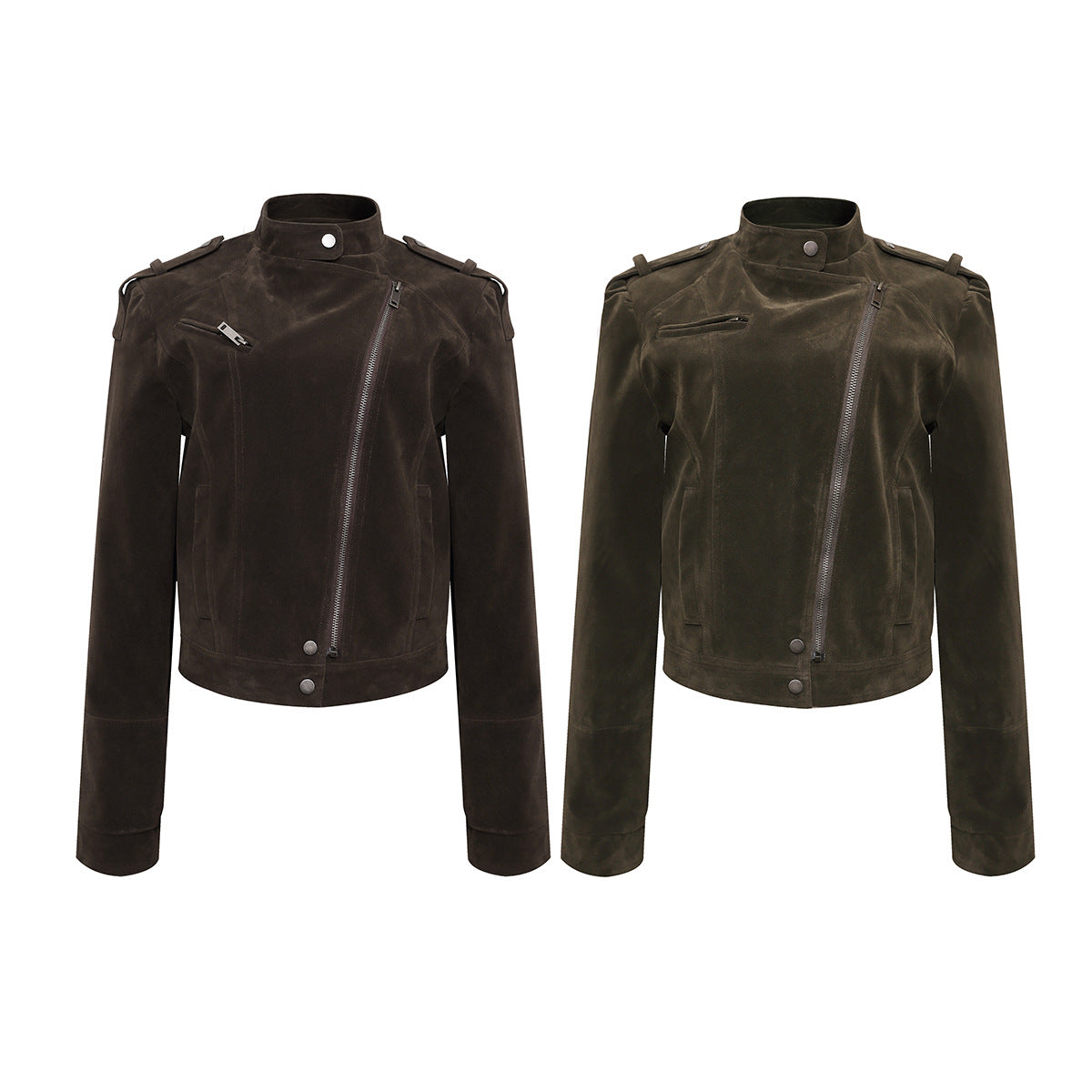 Suede Moto Biker Jacket – Cropped Stand Collar Asymmetric Zip
