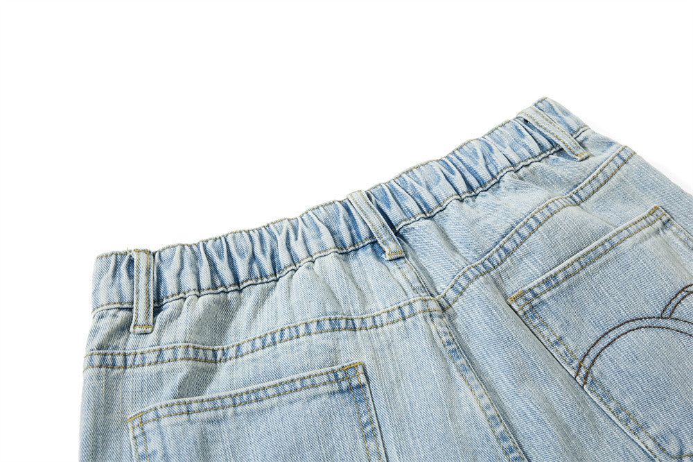 Wide-Leg Washed Denim Jeans with Cross Star Embroidery & Rhinestone Pocket
