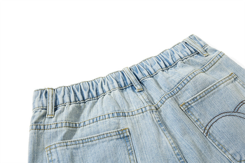 Wide-Leg Washed Denim Jeans with Cross Star Embroidery & Rhinestone Pocket