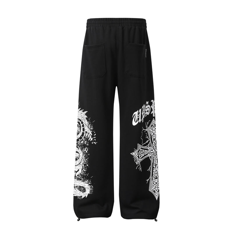 Pantalon de survêtement à jambes larges avec graphisme croix gothique – Jogger droit en molleton