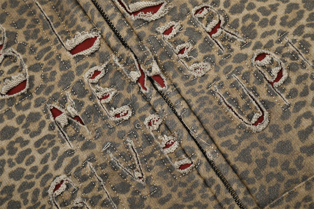 Leopard Print Zip-Up Hoodie with Distressed Letter Embroidery