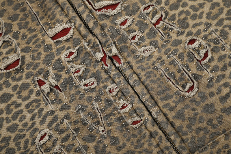 Leopard Print Zip-Up Hoodie with Distressed Letter Embroidery
