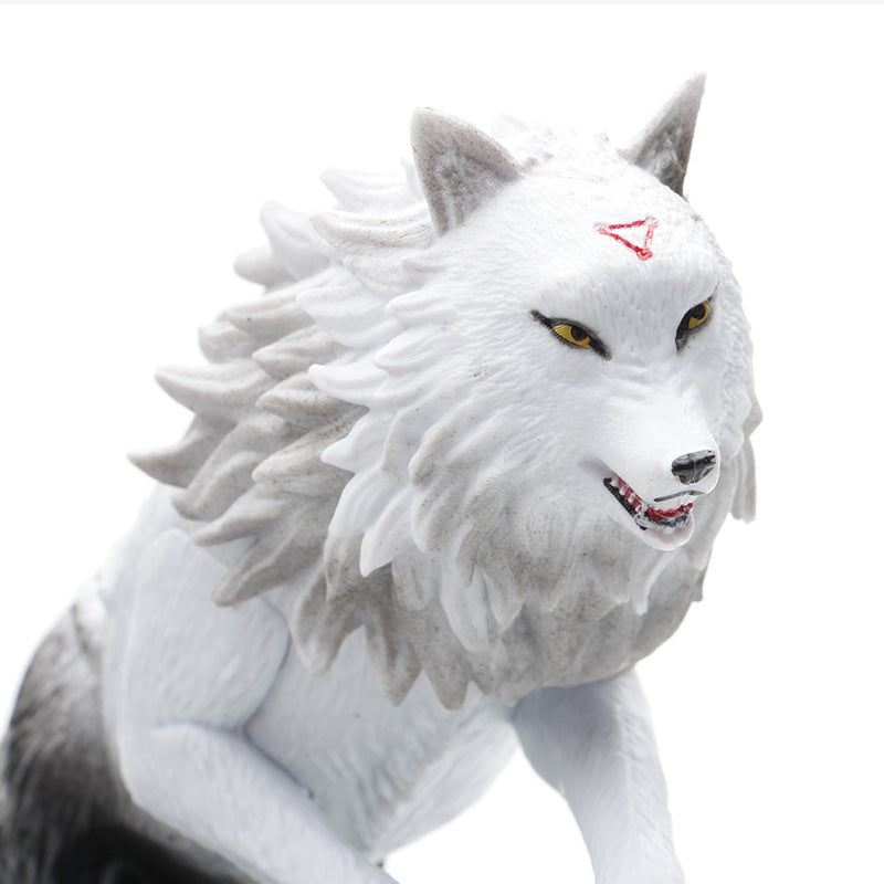 This Jujutsu Kaisen Megumi Fushiguro &amp; Tsumiki 17 cm PVC Figure features a collectible white wolf statue with gray accents, a red triangular forehead marking, yellow eyes, and a fierce open mouth.