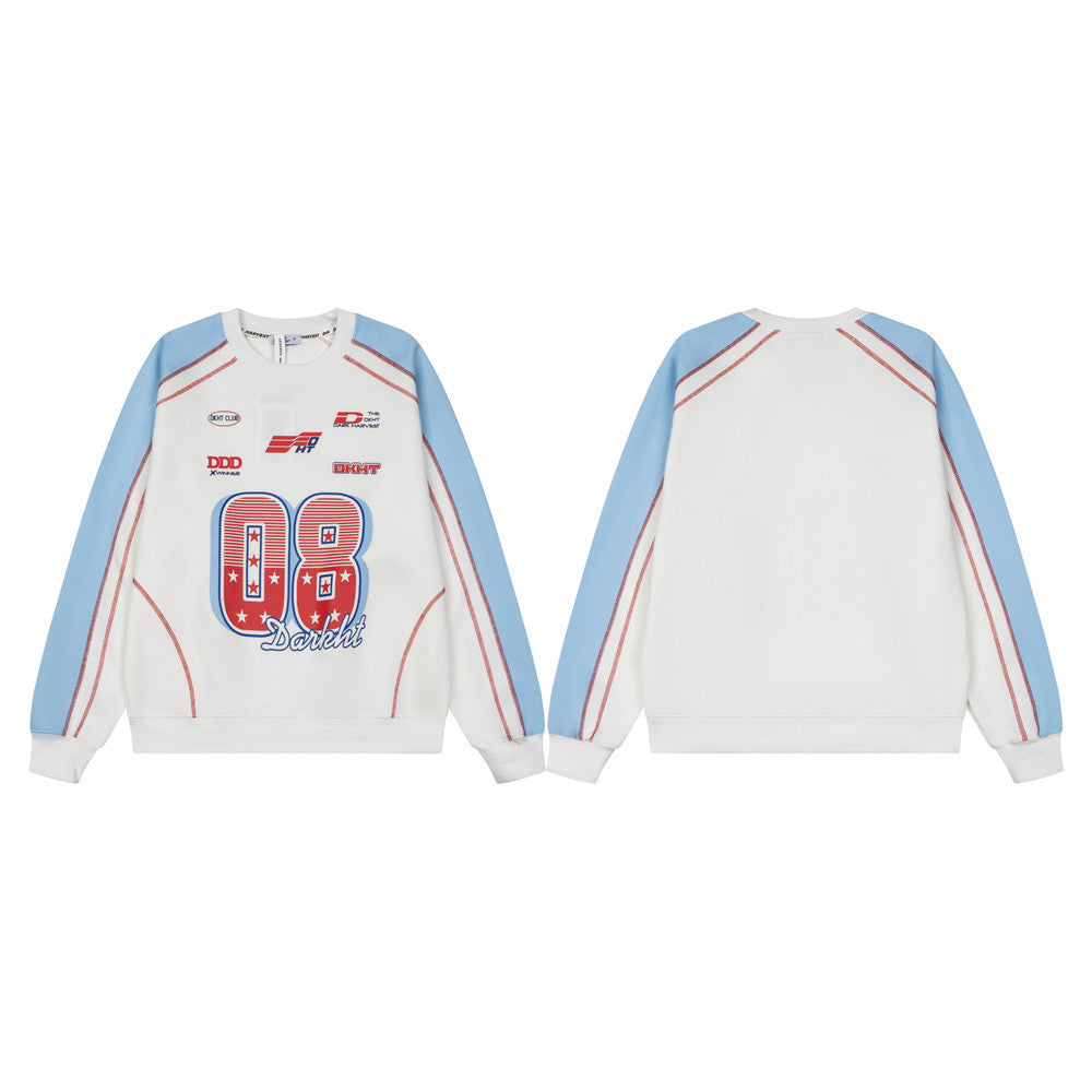 Darkht 08 Racing Graphic Colorblock Crewneck Sweatshirt – White & Sky Blue