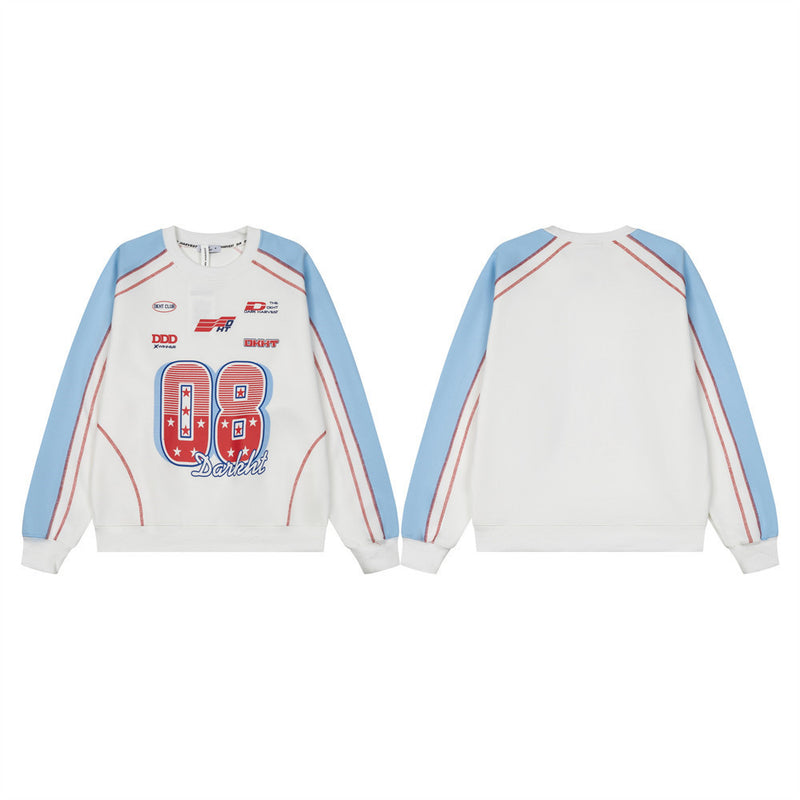 Darkht 08 Racing Graphic Colorblock Crewneck Sweatshirt – White & Sky Blue
