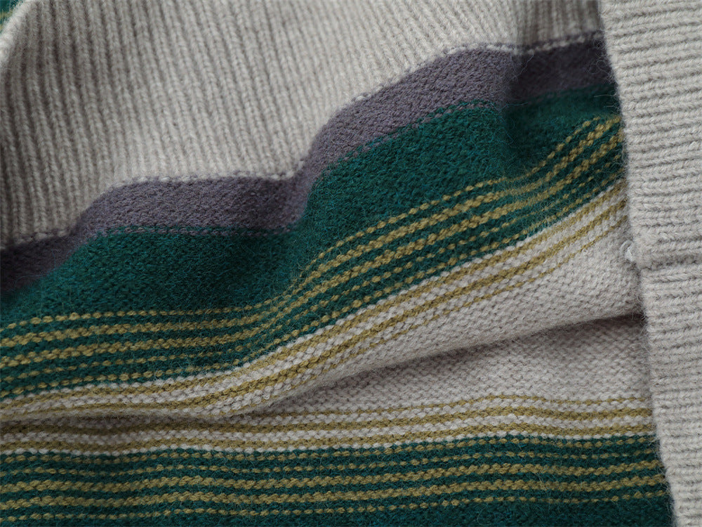 Striped Crew Neck Sweater – Relaxed Fit Color-Block Knit Pullover