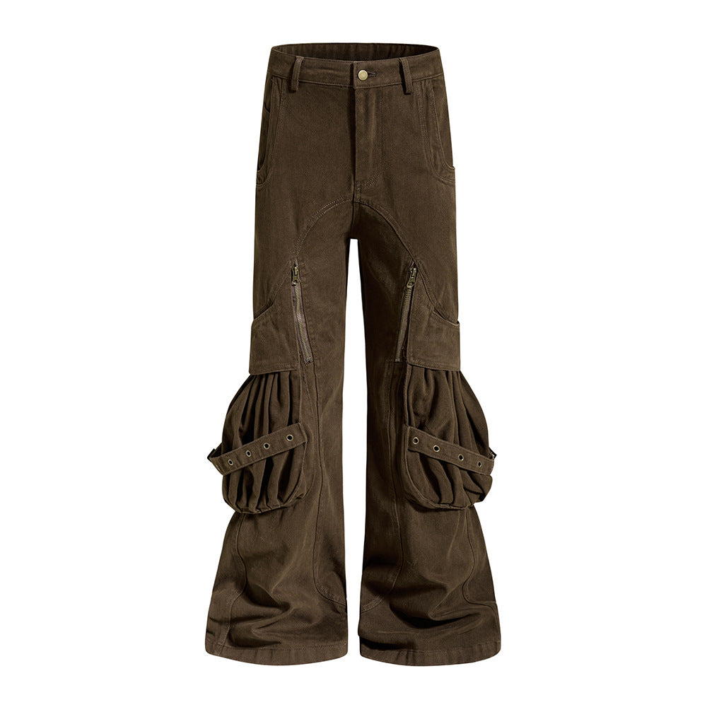 Men's Deconstructed Flare Cargo Pants with Ruched Pockets & Zip Detail
