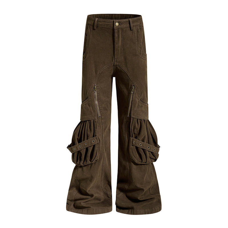 Men's Deconstructed Flare Cargo Pants with Ruched Pockets & Zip Detail