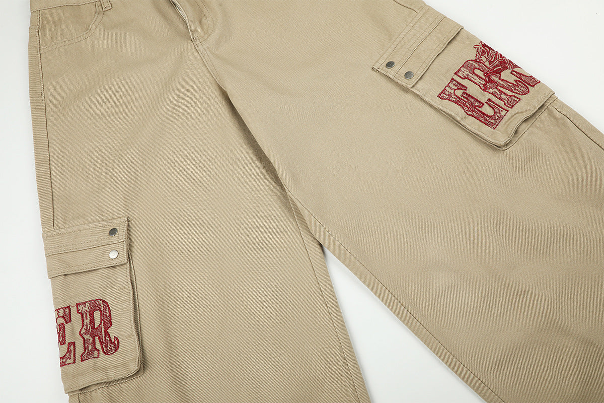 Baggy Cargo Pants Wide Leg Embroidered Letter Workwear Trousers