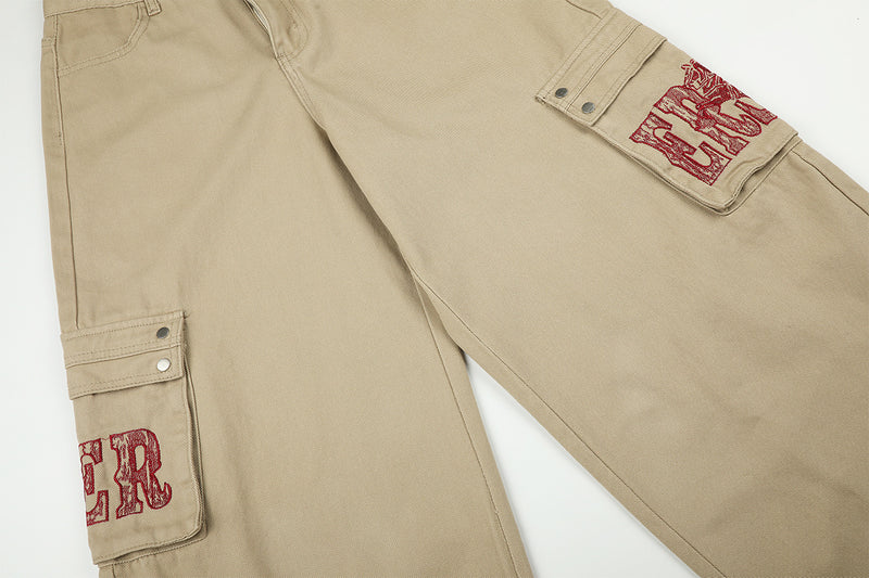 Baggy Cargo Pants Wide Leg Embroidered Letter Workwear Trousers